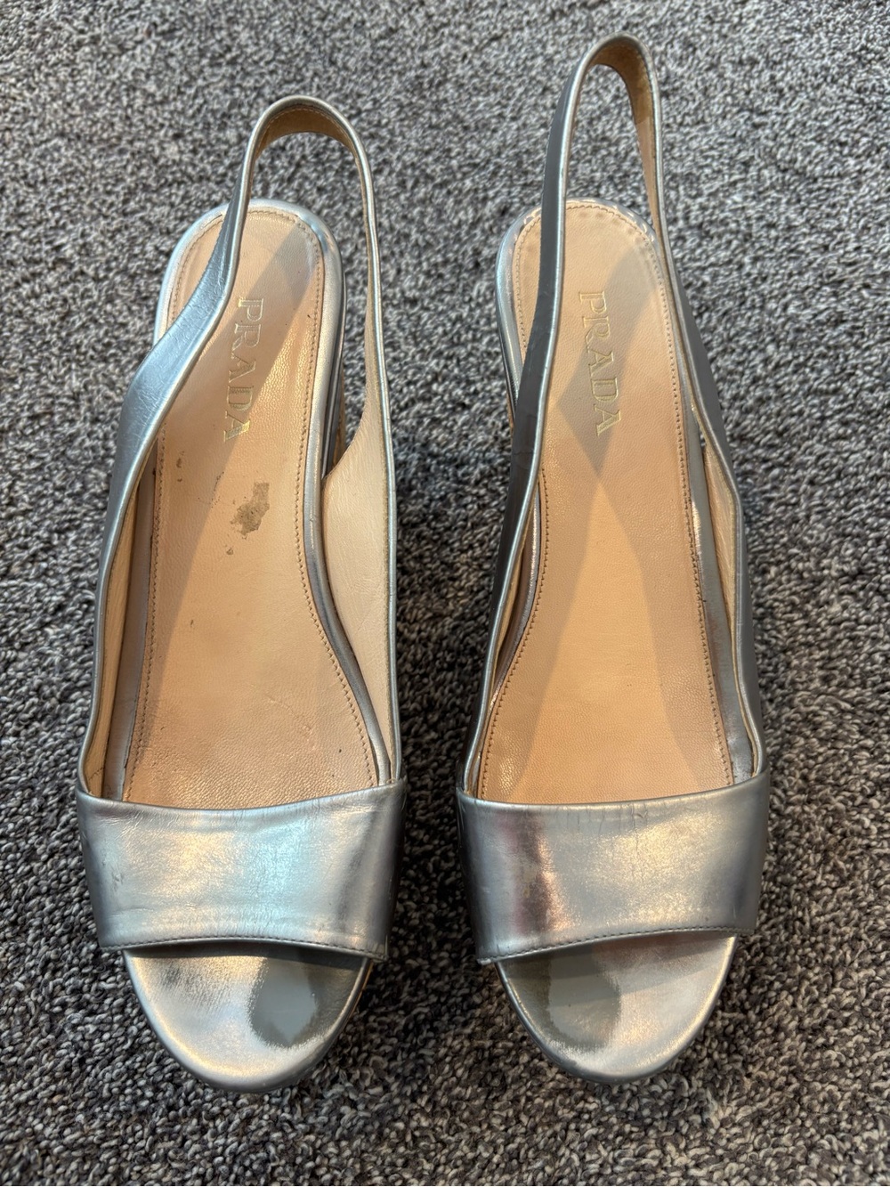 Prada Metallic Silver Leather Slingback Peep-Toe Mules